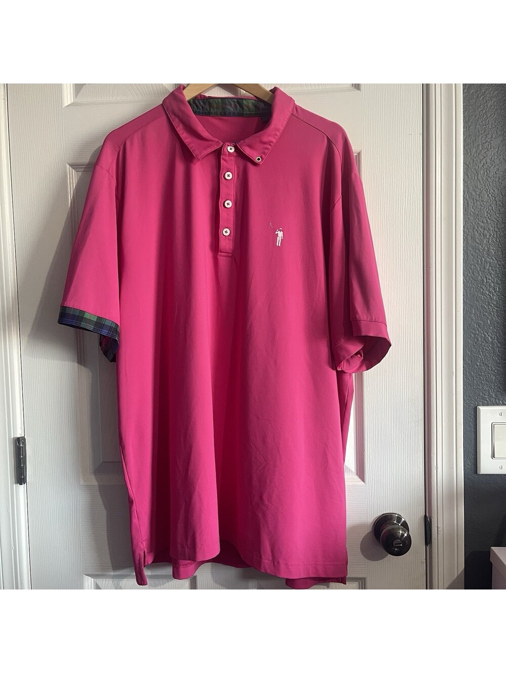 William Murray Golf Shirt XXL Pink Tartan Plaid Collar Sleeve Cuff Polo Wm Flaw